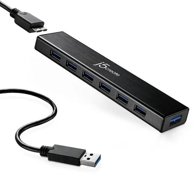 Main image of j5create 7-Port Powered USB 3.0 Data Hub with 3.3 ft Extended Cable [20W Power Adapter Included] for Mac, MacBook, Windows, Laptop, Surface, XPS, PC (JUH377)