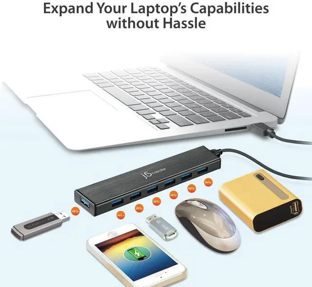 Alt view image 2 of 5 - j5create 7-Port Powered USB 3.0 Data Hub with 3.3 ft Extended Cable [20W Power Adapter Included] for Mac, MacBook, Windows, Laptop, Surface, XPS, PC (JUH377)