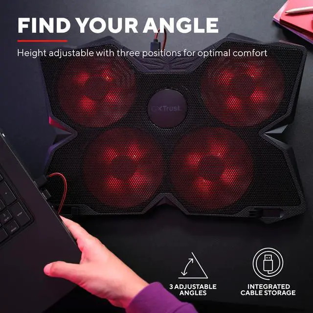 Alt view image 4 of 5 - Trust Gaming GXT 278 Yozu Laptop Cooling Stand, Cooler for 17.3 inch Laptops, Height Adjustable Stand, 4 Illuminated Fans, Adjustable Fan Speed - Black