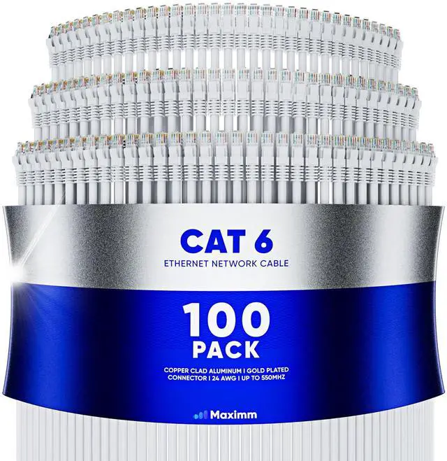 Main image of Maximm Cat 6 Ethernet Cable 2 ft (100-Pack) - High-Speed LAN Cable, Internet Cable, Patch Cable, and Network Cable - UTP, 10Gbps, 550MHz Ethernet Cord - White