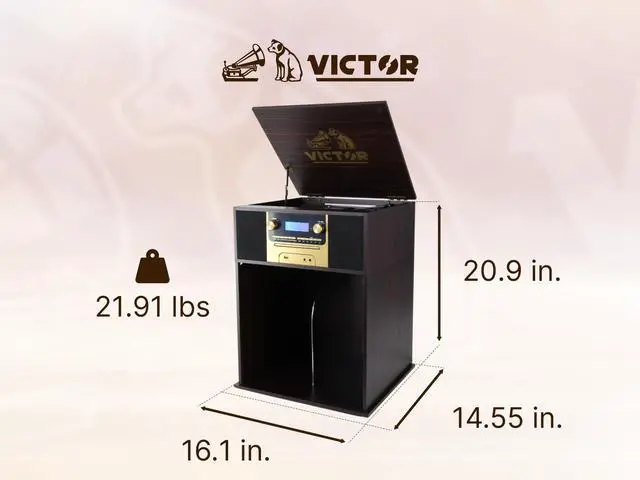 Alt view image 3 of 5 - Victor VWRP-4500 Boyleston 7-in-1 Turntable Music Center with 3-Speed Record Player, CD/MP3 Player, AM/FM Radio, Bluetooth in, USB Playback & Record, Built-in Stereo Speakers, and Album Storage