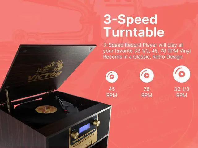Alt view image 4 of 5 - Victor VWRP-4500 Boyleston 7-in-1 Turntable Music Center with 3-Speed Record Player, CD/MP3 Player, AM/FM Radio, Bluetooth in, USB Playback & Record, Built-in Stereo Speakers, and Album Storage