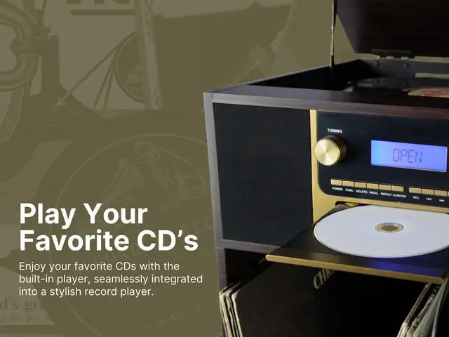 Alt view image 5 of 5 - Victor VWRP-4500 Boyleston 7-in-1 Turntable Music Center with 3-Speed Record Player, CD/MP3 Player, AM/FM Radio, Bluetooth in, USB Playback & Record, Built-in Stereo Speakers, and Album Storage