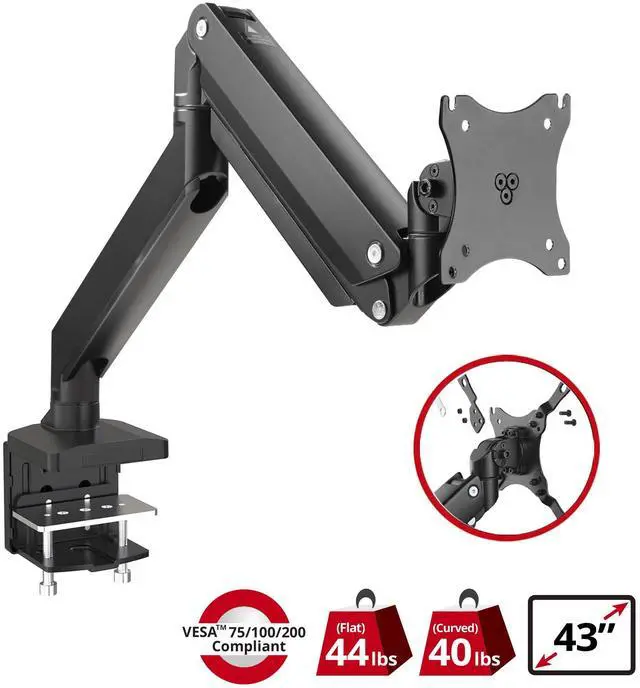 Alt view image 2 of 5 - SIIG Single Monitor Desk Mount, 17" to 43", Heavy-Duty Premium Gas Spring, Fits Flat/Curved/Ultrawide Monitor, Load 33 lbs Max, VESA 75x75 100x100, 200x200, C-Clamp and Grommet Base (CE-MT2Z11-S1)
