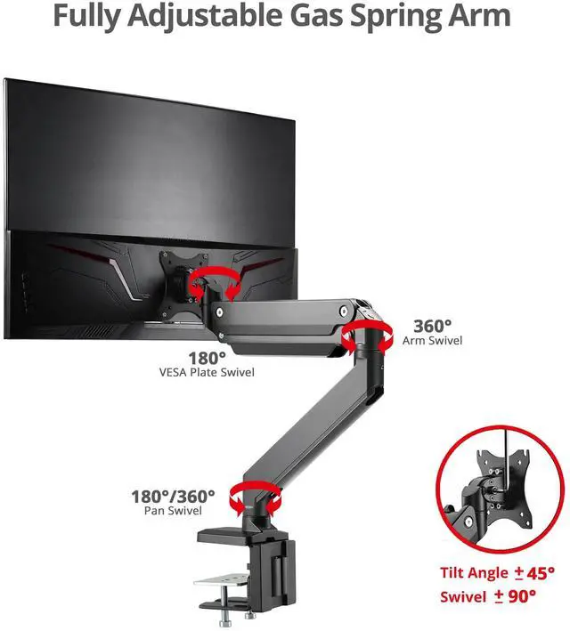 Alt view image 3 of 5 - SIIG Single Monitor Desk Mount, 17" to 43", Heavy-Duty Premium Gas Spring, Fits Flat/Curved/Ultrawide Monitor, Load 33 lbs Max, VESA 75x75 100x100, 200x200, C-Clamp and Grommet Base (CE-MT2Z11-S1)