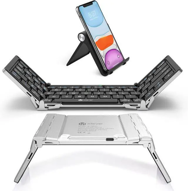 Main image of iClever Foldable Bluetooth Keyboard, Ultra-Slim Metal Keyboard with USB-C Charging, Tri-Folding Design for Laptop, iPad, iPhone, Tablet - Sync 3 Devices, Portable & Space-Saving