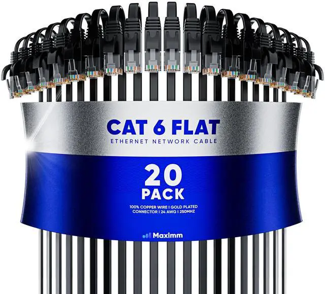 Main image of Cat6 Ethernet Cable 10ft, 20-Pack Black - Flat High-Speed Network Cables for Gaming, Streaming, Router, Modem, PC, PS5, Xbox - Durable & Space-Saving Design