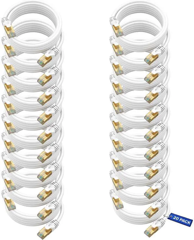 Main image of Cat6 Ethernet Cable 12ft, 20-Pack White - Flat High-Speed Network Cables for Gaming, Streaming, Router, Modem, PC, PS5, Xbox - Durable & Space-Saving Design
