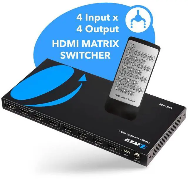 Alt view image 2 of 5 - OREI 4x4 HDMI 4K Matrix Switch/Splitter, (4-Input, 4-Output) with Remote Control Supports UltraHD 4K@60Hz 4:4:4, HDR, YUV, HDMI 2.0, HDCP 2.2, 3D, 1080p, 18 GBPS - Downscaler (4K & 1080p Together)