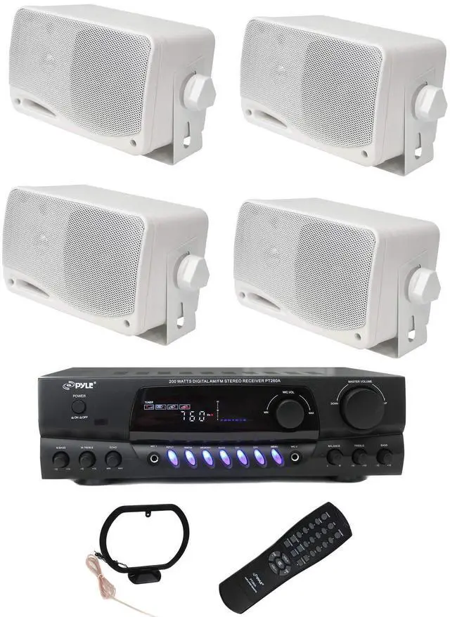 Main image of PYLE PLMR24 3.5" 200W Outdoor Speakers 4 Pack with 100 Watt RMS Power, 4 Ohm impedance and PT260A 200W Stereo Theater Receiver 110V with 3 RCA inputs