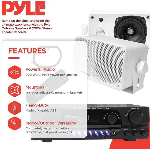 Alt view image 3 of 5 - PYLE PLMR24 3.5" 200W Outdoor Speakers 4 Pack with 100 Watt RMS Power, 4 Ohm impedance and PT260A 200W Stereo Theater Receiver 110V with 3 RCA inputs