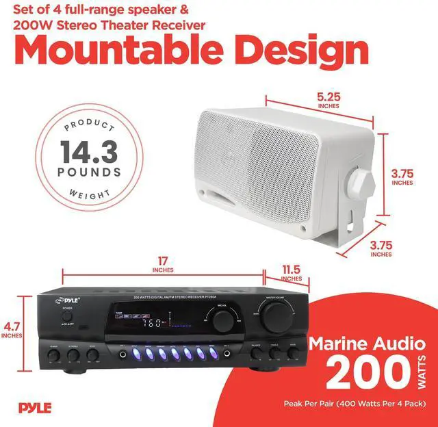 Alt view image 4 of 5 - PYLE PLMR24 3.5" 200W Outdoor Speakers 4 Pack with 100 Watt RMS Power, 4 Ohm impedance and PT260A 200W Stereo Theater Receiver 110V with 3 RCA inputs