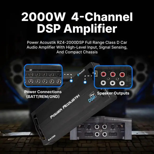 Alt view image 2 of 5 - Power Acoustik RZ42000DSP Razor Series 2,000-Watt Max 4-Channel Class D Amp with DSP and Bluetooth