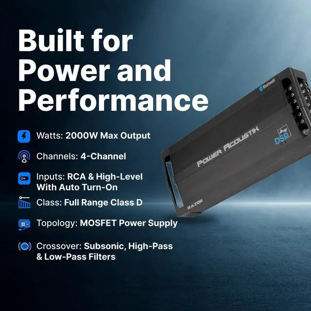 Alt view image 3 of 5 - Power Acoustik RZ42000DSP Razor Series 2,000-Watt Max 4-Channel Class D Amp with DSP and Bluetooth