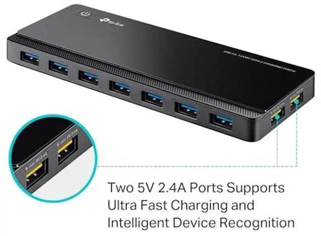 Alt view image 3 of 5 - TP-Link Powered USB Hub 3.0 with 7 USB 3.0 Data Ports and 2 Smart Charging USB Ports. Compatible with Windows, Mac, Chrome & Linux OS, with Power On/Off Button, 12V/4A Power Adapter(UH720)