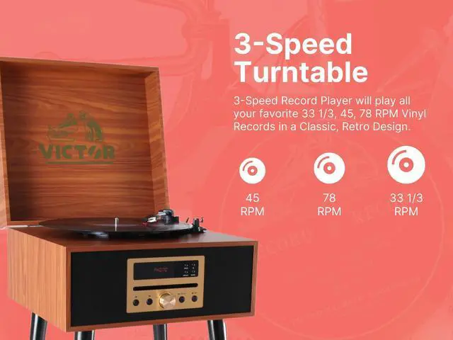 Alt view image 2 of 5 - Victor VWRP-3500 Newbury 8-in-1 Turntable Music Center with Record Player, CD/MP3 Player, FM Radio, Bluetooth, USB Playback and Recording, Built-in Stereo Speakers, and Chair-Height Legs