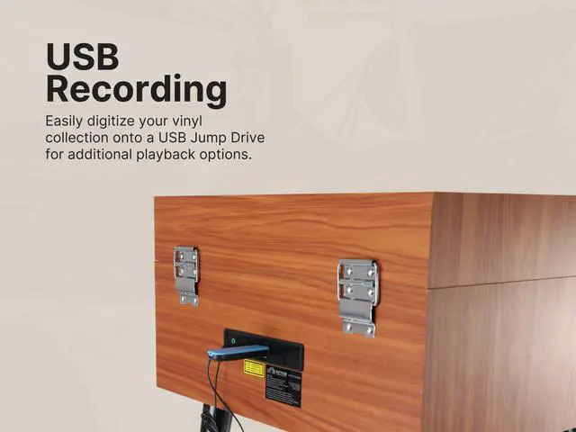 Alt view image 4 of 5 - Victor VWRP-3500 Newbury 8-in-1 Turntable Music Center with Record Player, CD/MP3 Player, FM Radio, Bluetooth, USB Playback and Recording, Built-in Stereo Speakers, and Chair-Height Legs