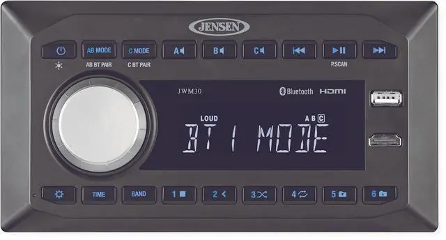 Main image of Jensen JWM30 Multisource 3-zone Stereo, Black; 3 Speaker Zones (A/B/C); 6 Total Speaker Outputs; Dual Bluetooth with A2DP/AVRCP Streaming Audio; Front HDMI Input; Digital AM/FM Tuner; Time/Alarm Clock