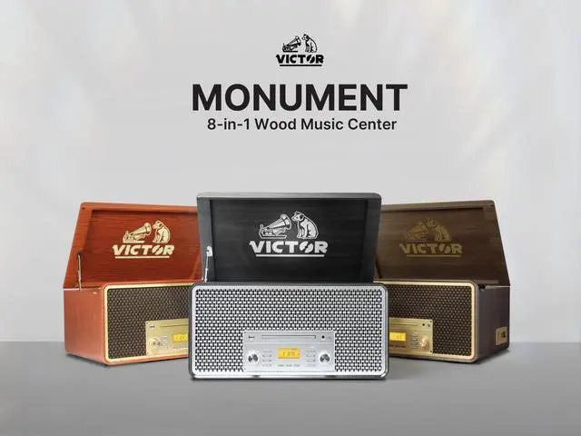 Alt view image 2 of 5 - Victor VWRP-5000 Monument 8-in-1 Bluetooth Turntable with 3-Speed Vinyl Record Player, Cassette, CD Player, AM/FM Radio, USB, Aux Input, and Built-in Speakers  Ideal for Vinyl Lovers