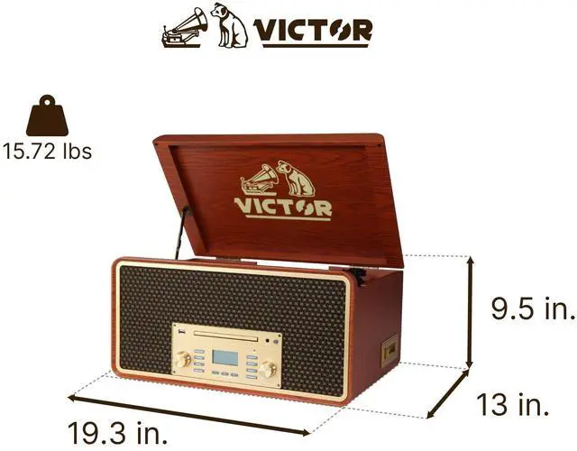 Alt view image 3 of 5 - Victor VWRP-5000 Monument 8-in-1 Bluetooth Turntable with 3-Speed Vinyl Record Player, Cassette, CD Player, AM/FM Radio, USB, Aux Input, and Built-in Speakers  Ideal for Vinyl Lovers
