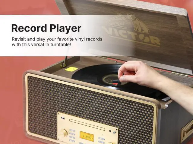 Alt view image 4 of 5 - Victor VWRP-5000 Monument 8-in-1 Bluetooth Turntable with 3-Speed Vinyl Record Player, Cassette, CD Player, AM/FM Radio, USB, Aux Input, and Built-in Speakers  Ideal for Vinyl Lovers
