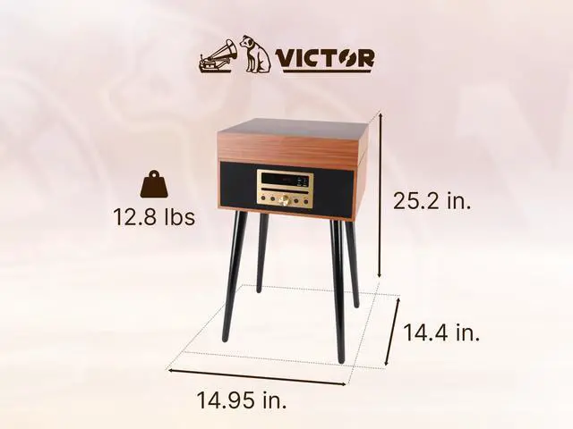 Alt view image 3 of 5 - Victor VWRP-3500 Newbury 8-in-1 Turntable Music Center with Record Player, CD/MP3 Player, FM Radio, Bluetooth, USB Playback and Recording, Built-in Stereo Speakers, and Chair-Height Legs