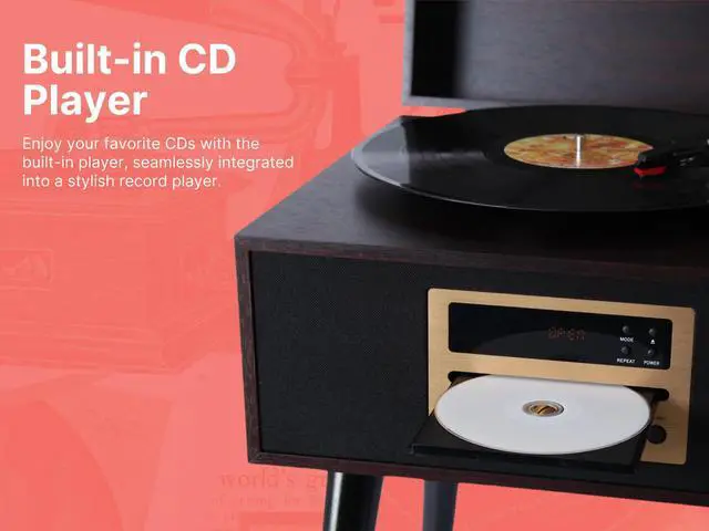 Alt view image 5 of 5 - Victor VWRP-3500 Newbury 8-in-1 Turntable Music Center with Record Player, CD/MP3 Player, FM Radio, Bluetooth, USB Playback and Recording, Built-in Stereo Speakers, and Chair-Height Legs