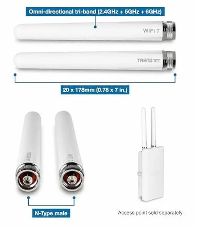 Alt view image 4 of 5 - TRENDnet 3/6/7 dBi Outdoor Tri-Band Omni Antenna Kit, TEW-A057, 2.4GHz, 5GHz, 6GHz, Compatible with 802.11be/ ax/ac/n/g/b/a Routers and Access Points, N-Type Connector, White
