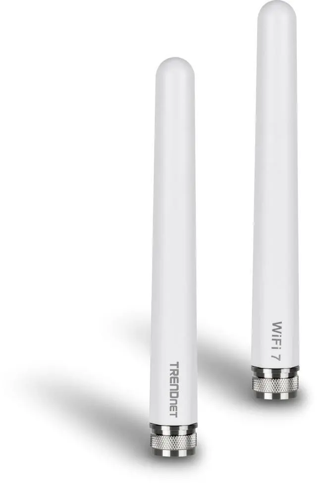 Main image of TRENDnet 3/6/7 dBi Outdoor Tri-Band Omni Antenna Kit, TEW-A057, 2.4GHz, 5GHz, 6GHz, Compatible with 802.11be/ ax/ac/n/g/b/a Routers and Access Points, N-Type Connector, White