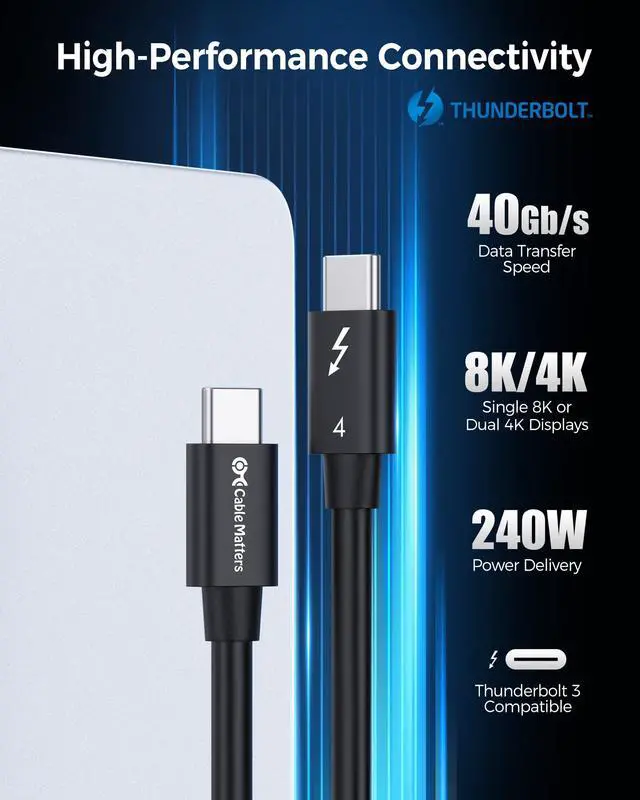 Alt view image 2 of 5 - Cable Matters [Intel Certified] 40Gbps Thunderbolt 4 Cable 3.3ft with 8K Video and 240W Charging - 1m, Compatible with USB4, Thunderbolt 3 Cable and USB-C