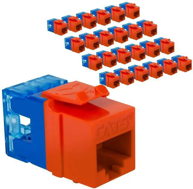 Main image of ICC CAT5e Keystone Jack with Slim Profile 180 Degree Punch Down, RJ45 UL Listed PoE++ TAA VoIP Compliant for Wall Plate or Patch Panel, Works with JackEasy Termination Tool, Orange 25 Pack