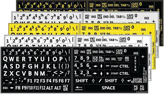 Main image of Five 5 English US Large Print Lettering Black,Yellow, White, Gray BACKGROUNS Keyboard Stickers 5 Colors