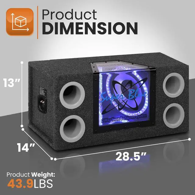 Alt view image 3 of 5 - Pyramid 1000W Dual Bandpass Speaker System - Car Audio Subwoofer w/ Neon Accent Lighting, Plexi-Glass Front Window, 4 Tuned Ports, Silver Polypropylene Cone & Rubber Edge Suspension - Pyramid BNPS102