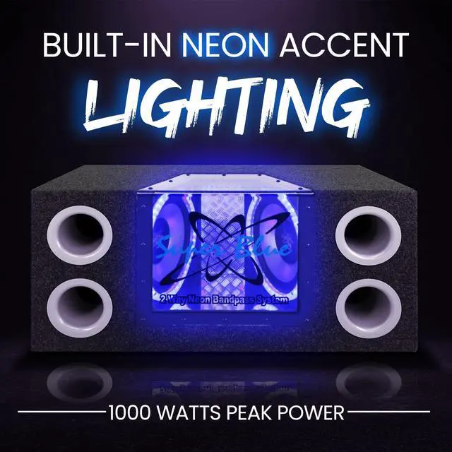 Alt view image 5 of 5 - Pyramid 1000W Dual Bandpass Speaker System - Car Audio Subwoofer w/ Neon Accent Lighting, Plexi-Glass Front Window, 4 Tuned Ports, Silver Polypropylene Cone & Rubber Edge Suspension - Pyramid BNPS102