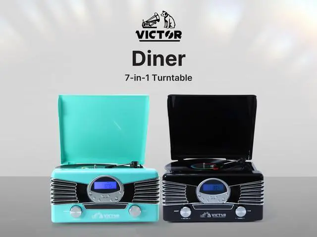 Alt view image 4 of 4 - Victor VHRP-1400 Diner 7-in-1 Turntable Music Center with Record Player, CD/MP3 Player, AM/FM Radio, Bluetooth, USB Playback and Recording, and Built-in Stereo Speakers  Perfect for Music Lovers