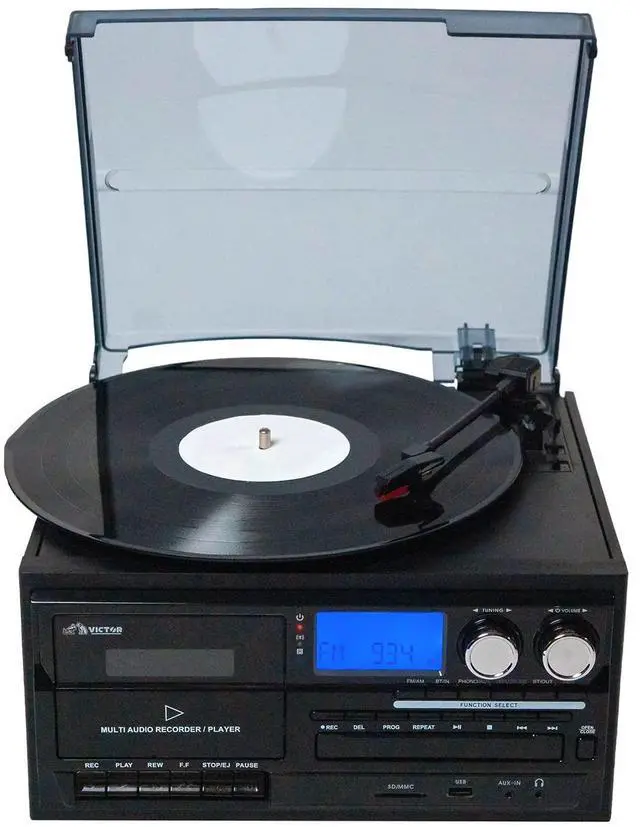 Main image of Victor VWRP-4200 Cosmopolitan 8-in-1 Turntable Music Center with 3-Speed Record Player, CD/MP3/Cassette Player, AM/FM Radio, Dual Bluetooth in & Out, USB Playback & Recording