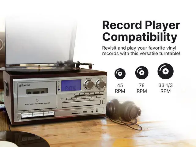 Alt view image 4 of 5 - Victor VWRP-4200 Cosmopolitan 8-in-1 Turntable Music Center with 3-Speed Record Player, CD/MP3/Cassette Player, AM/FM Radio, Dual Bluetooth in & Out, USB Playback & Recording