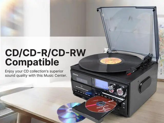 Alt view image 5 of 5 - Victor VWRP-4200 Cosmopolitan 8-in-1 Turntable Music Center with 3-Speed Record Player, CD/MP3/Cassette Player, AM/FM Radio, Dual Bluetooth in & Out, USB Playback & Recording