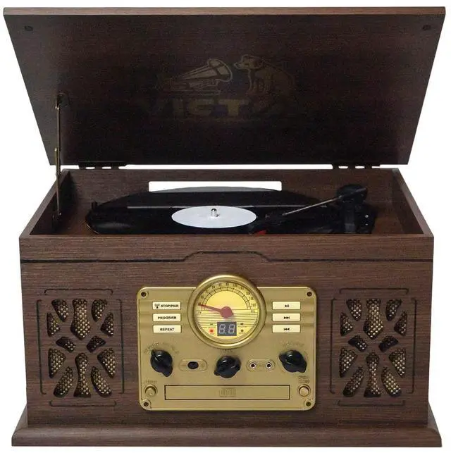 Main image of Victor VWRP-3800 State 7-in-1 Turntable Music Center with 3-Speed Record Player, CD/MP3/Cassette Player, FM Radio, Dual Bluetooth In & Out, and Built-in Stereo Speakers  Perfect for Music Enthusiasts