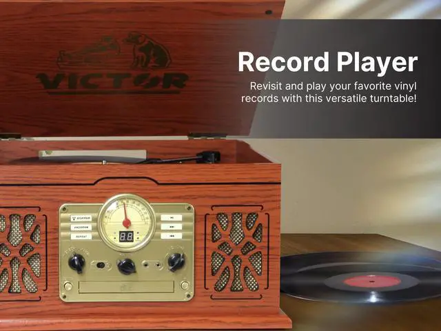 Alt view image 4 of 5 - Victor VWRP-3800 State 7-in-1 Turntable Music Center with 3-Speed Record Player, CD/MP3/Cassette Player, FM Radio, Dual Bluetooth In & Out, and Built-in Stereo Speakers  Perfect for Music Enthusiasts