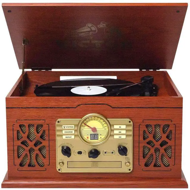 Main image of Victor VWRP-3800 State 7-in-1 Turntable Music Center with 3-Speed Record Player, CD/MP3/Cassette Player, FM Radio, Dual Bluetooth In & Out, and Built-in Stereo Speakers  Perfect for Music Enthusiasts