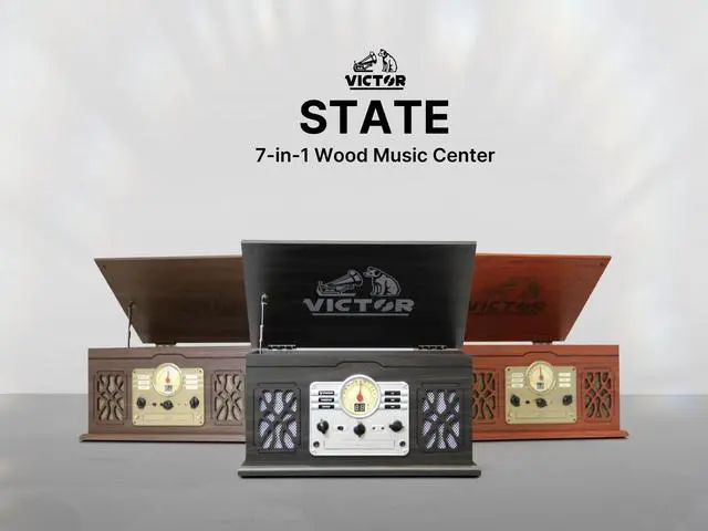 Alt view image 3 of 5 - Victor VWRP-3800 State 7-in-1 Turntable Music Center with 3-Speed Record Player, CD/MP3/Cassette Player, FM Radio, Dual Bluetooth In & Out, and Built-in Stereo Speakers  Perfect for Music Enthusiasts
