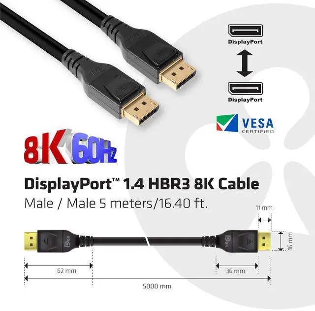 Alt view image 2 of 5 - Club3D CAC-1061 DisplayPort to DisplayPort 1.4/HBR3 Cable DP 1.4 8K 60Hz 5 Meter/16,4 Feet Black VESA Certified