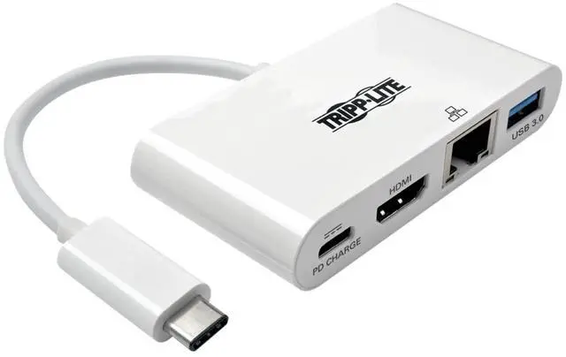 Main image of Tripp Lite USB C to HDMI Multiport Video Adapter Converter 4K w/ USB-A Hub, USB-C PD Charging Port & Gigabit Ethernet Port, Thunderbolt 3 Compatible, USB Type C, USB Type-C (U444-06N-H4GU-C),White
