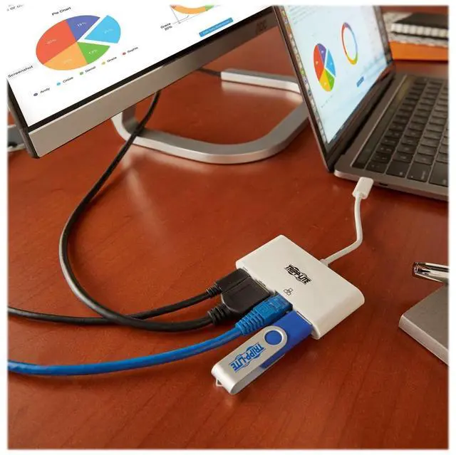 Alt view image 2 of 3 - Tripp Lite USB C to HDMI Multiport Video Adapter Converter 4K w/ USB-A Hub, USB-C PD Charging Port & Gigabit Ethernet Port, Thunderbolt 3 Compatible, USB Type C, USB Type-C (U444-06N-H4GU-C),White