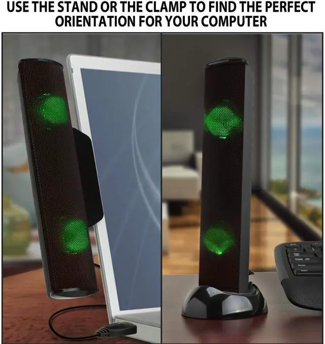 Alt view image 3 of 5 - GOgroove SonaVERSE LED Speaker for Laptop Computer - USB Powered Clip-On Sound Bar with Mini Portable External Speaker Design for Monitor, Back Switch for Power - Audio Input and Power (Green)