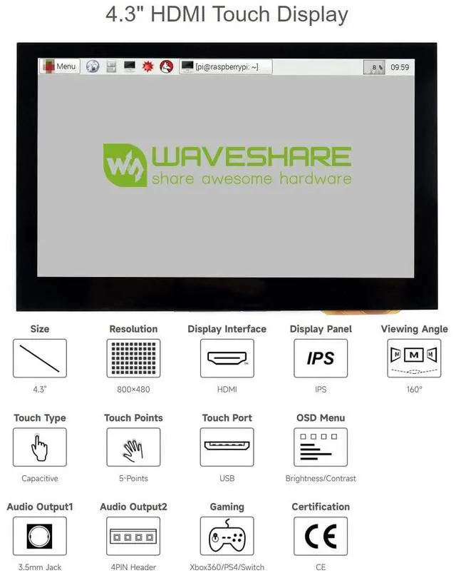Alt view image 3 of 5 - Waveshare 4.3inch Capacitive Touch Screen LCD Compatible with Raspberry Pi 5/4B/3B+/3A+/2B/B+/A+/Zero/Zero W/WH/Zero 2W CM3+/4 800×480 Resolution HDMI IPS Supports Jetson Nano/Windows