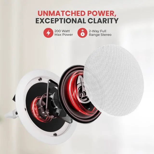 Alt view image 5 of 5 - Pyle 6.5 4 Bluetooth Flush Mount In-wall In-ceiling 2-Way Speaker System Quick Connections Changeable Round/Square Grill Polypropylene Cone & Tweeter Stereo Sound 4 Ch Amplifier 200 Watt - PDICBT266