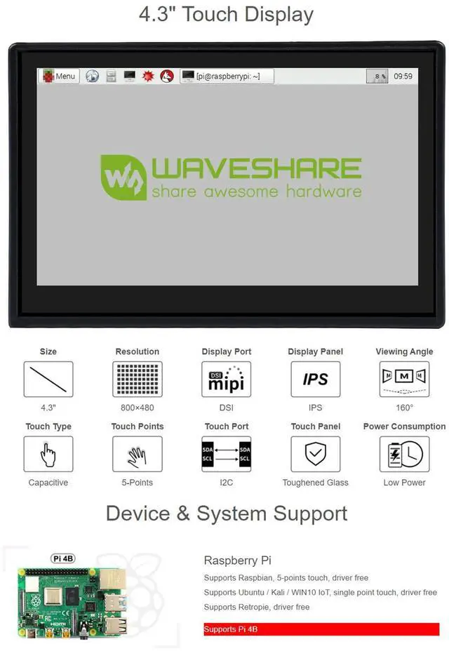 Alt view image 3 of 5 - Waveshare 4.3inch Capacitive Touch Display Compatible with Raspberry Pi 4B Comes with Protection Case 800×480 Resolution IPS Wide Angle MIPI DSI Interface