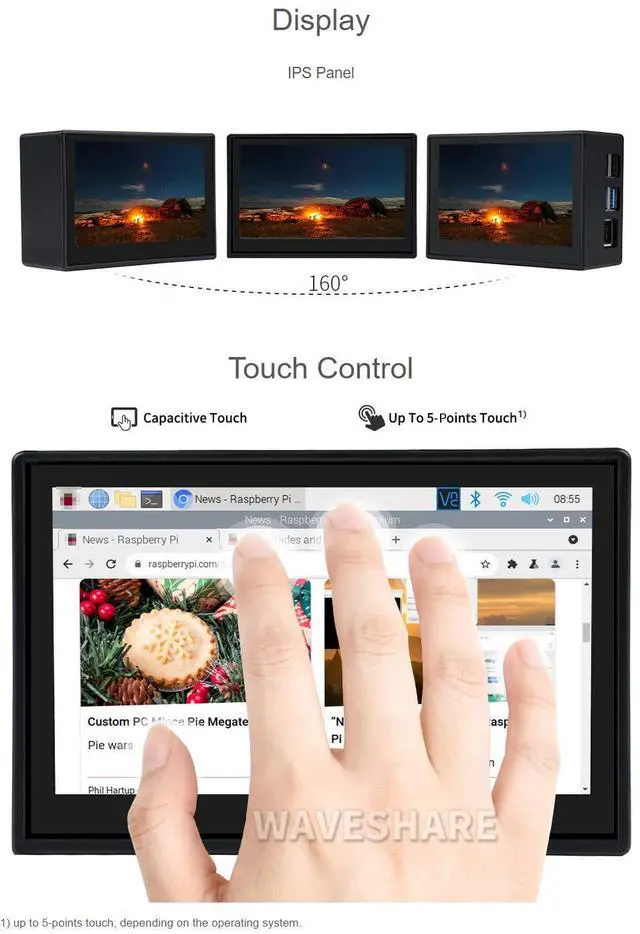 Alt view image 5 of 5 - Waveshare 4.3inch Capacitive Touch Display Compatible with Raspberry Pi 4B Comes with Protection Case 800×480 Resolution IPS Wide Angle MIPI DSI Interface